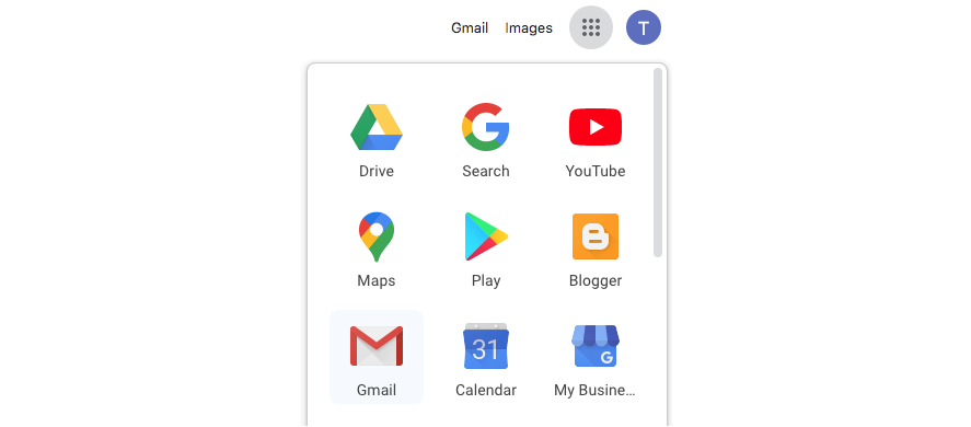 Gmail drop down menu