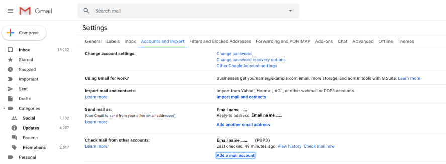 Gmail account settings menu