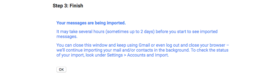 Gmail import finish message